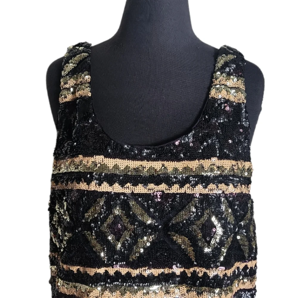 Free People sequin shift mini dress black gold boho sleeveless women's large
